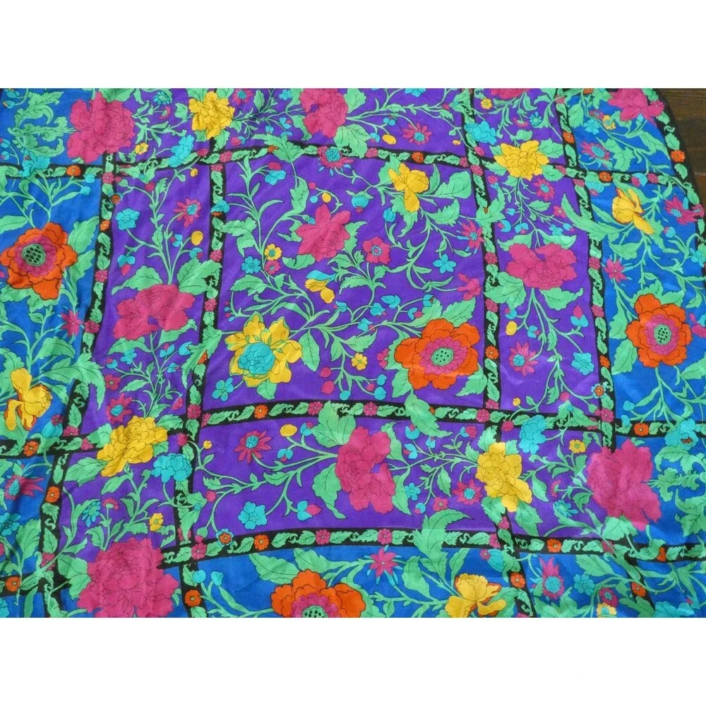 Vintage Japan Hand Rolled Silk Scarf Bright Multicolored Floral Black 30